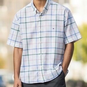 Tommy Hilfiger Mens XL Short Sleeve Button Down Shirt Plaid Windowpane White